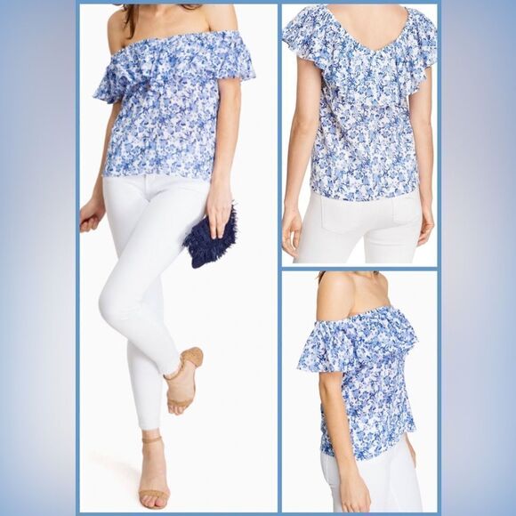 Rebecca Taylor Aimee Blue & White Off Shoulder Floral Top - Picture 1 of 8